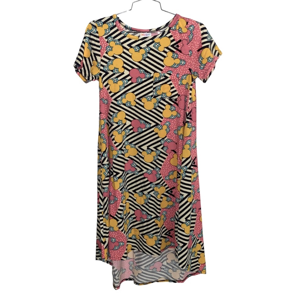 LulaRoe Womens Disney Mickey Shirt Dress Yellow Pink Short Sleeve Size XXS